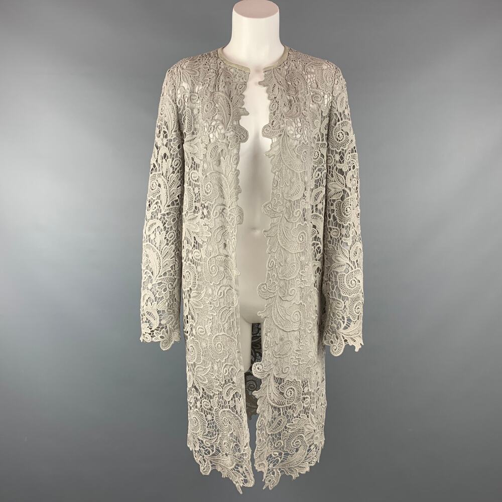 RALPH LAUREN Size 10 Light Gray Lace Textured Cotton Leather Trim Cardigan